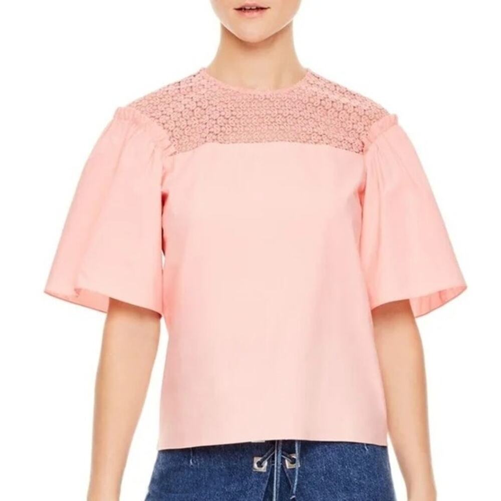 NWOT Sandro Peony Mingo Lace Detail Cotton Short Sleeve Blouse Top Size Small